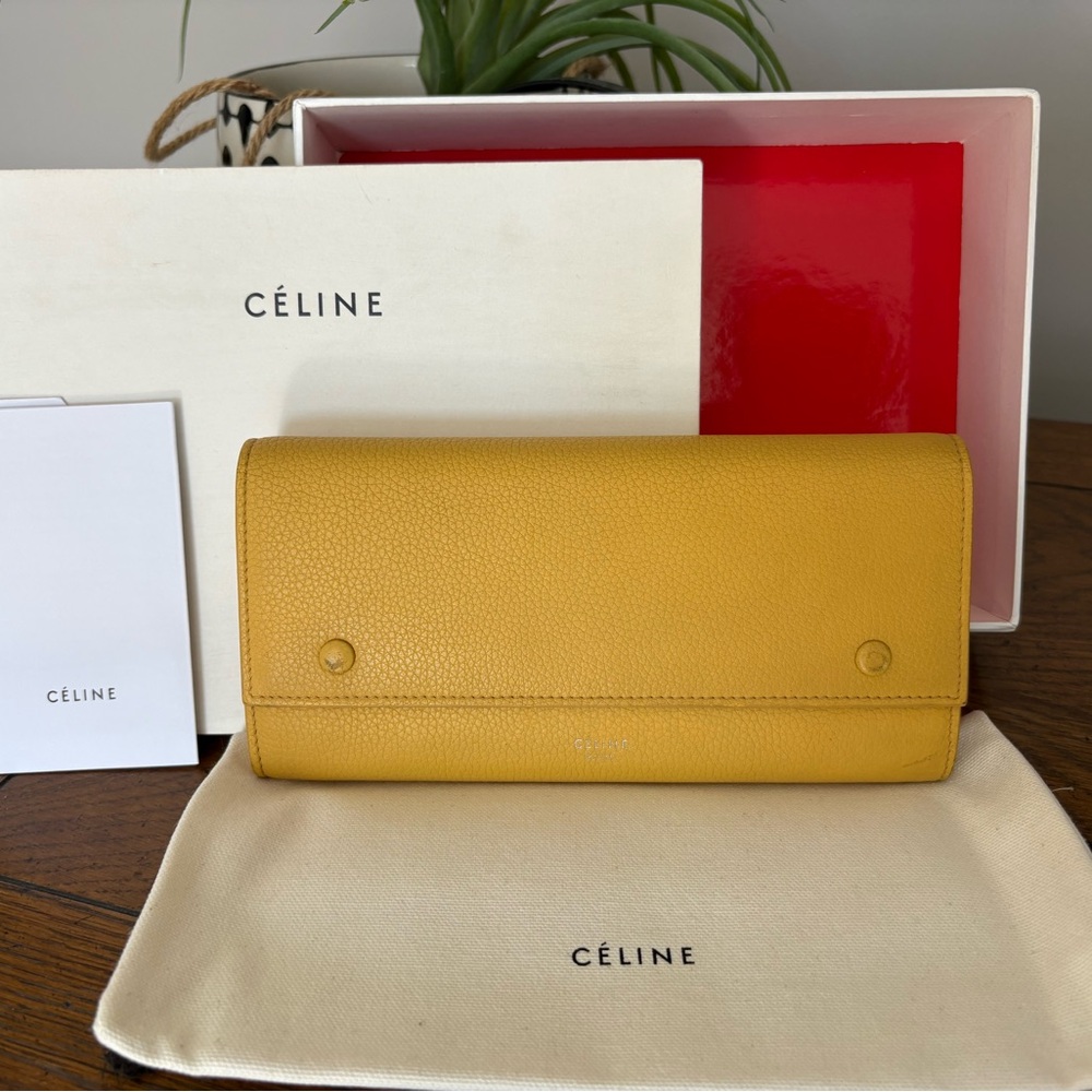 CELINE Yellow Leather Double Snap Long Wallet With Box and Dustbag